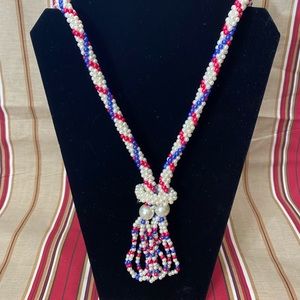 🛒Markdown🛒  Faux Red White Blue Pearl Spiral Woven Long Rope Tassel Necklace
